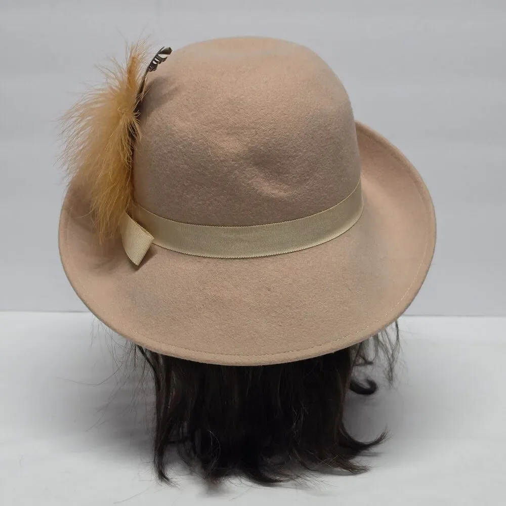 Vintage Lancaster Womens Beige Wool Fedora Cloche Hat Feather Accent 50s 60s